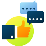 an icon of a thumbs up with two chat bubbles above it