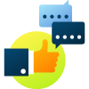 an icon showing a thumbs up and two chat bubbles
